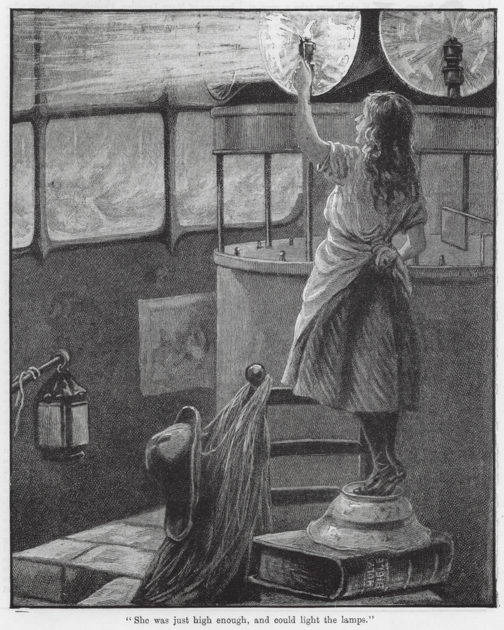 "Ela era suficientemente alta, e podia acender as lâmpadas" (gravura) de English School