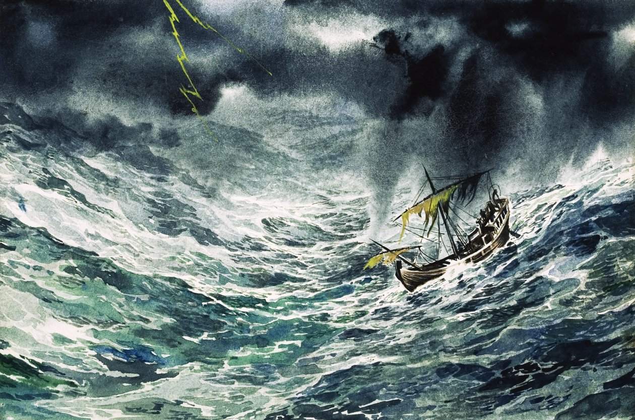 Navio numa tempestade (guache sobre papel) de English School