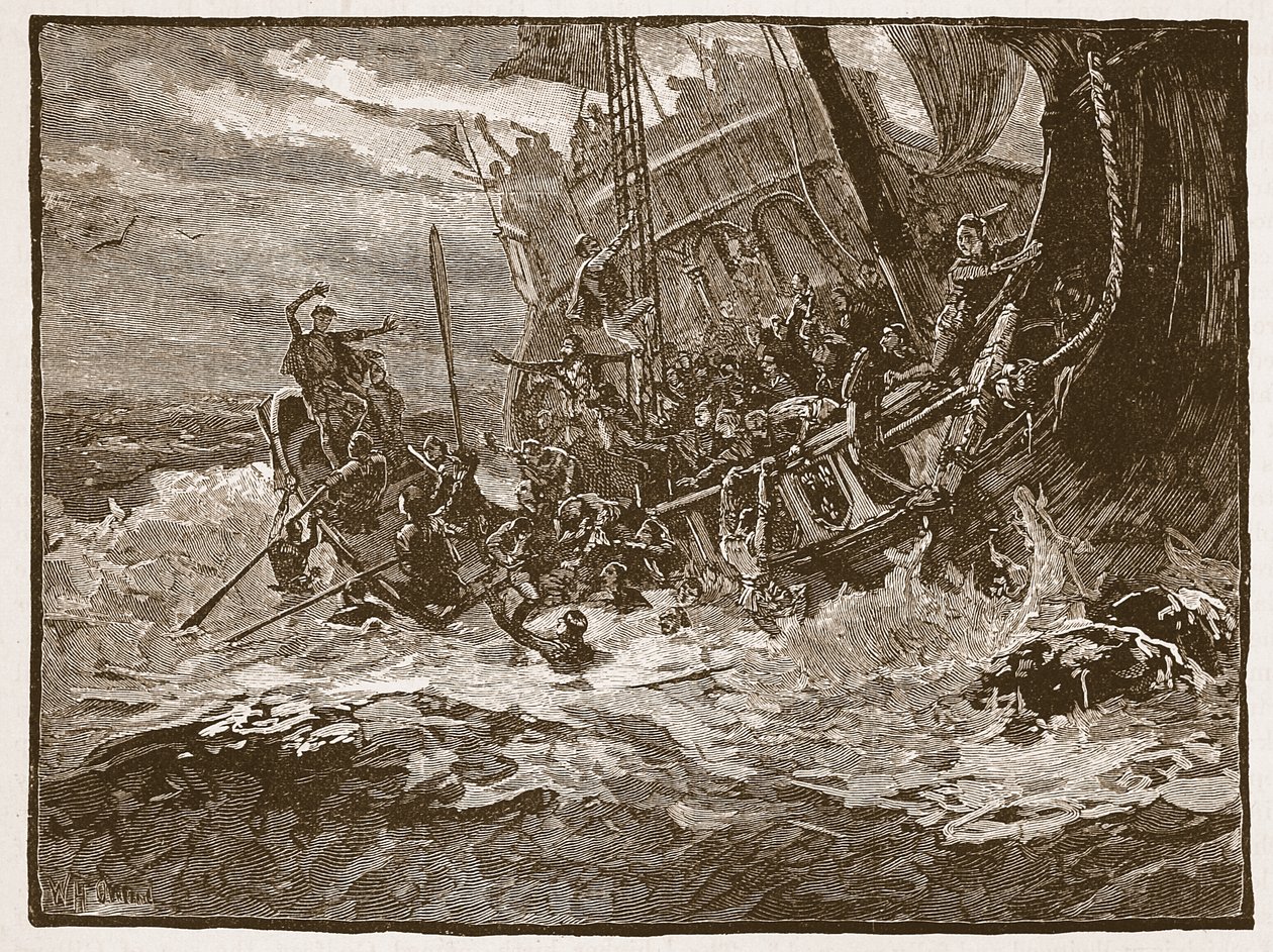 Naufrágio do Príncipe William, ilustração da história ilustrada de Cassells da Inglaterra (foto sépia) de English School