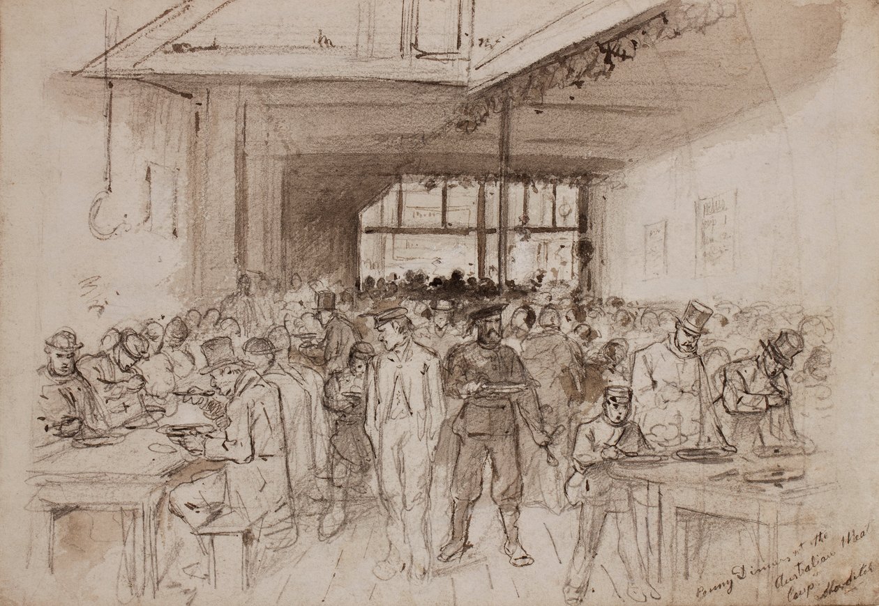 Shoreditch, jantar de Penny na Australian Meat Company, c.1860 (lápis, tinta e papel) de English School