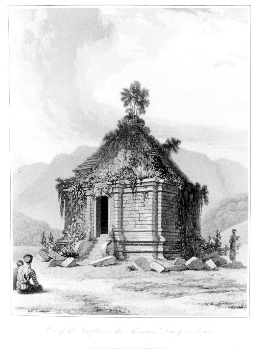 Santuário na montanha Dieng ou Prahu em Java central, da história de Java, volume 2, publicado em 1817 de English School