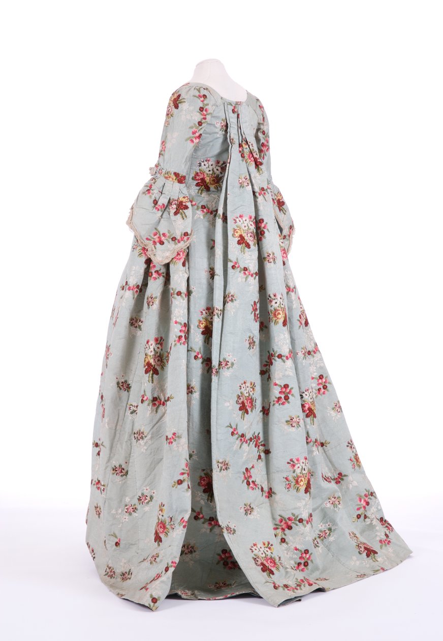 Vista lateral, de, um, sacola, vestido traseiro, 1760s, (brocaded, silk) de English School