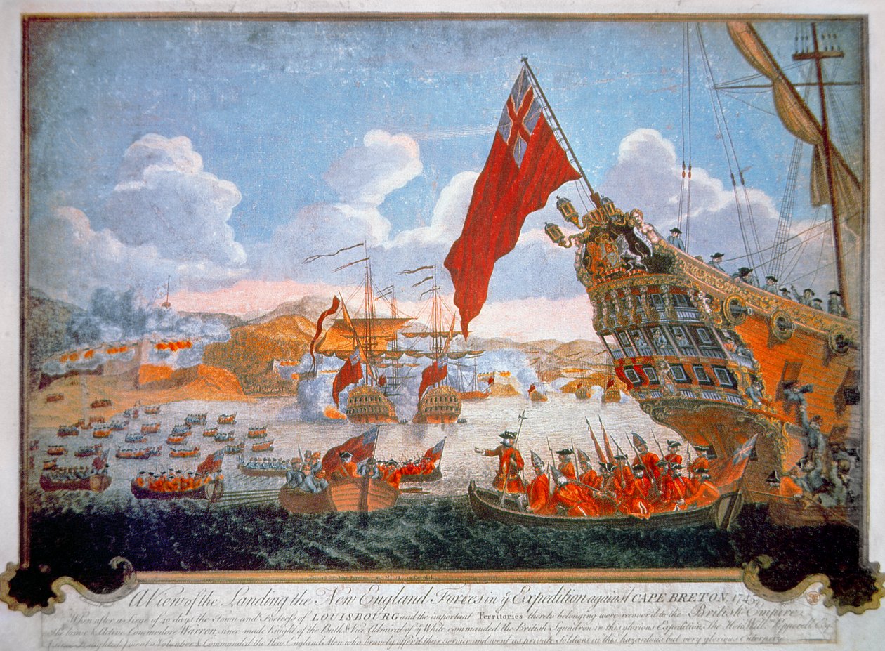 Sítio da fortaleza francesa de Louisbourg em 1745 por navios britânicos e colónias da Nova Inglaterra (cor litho) de English School