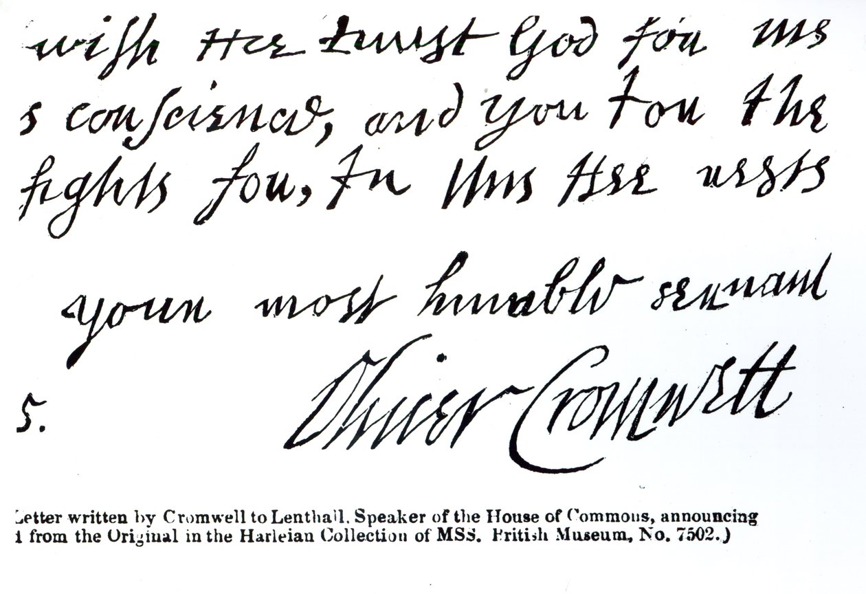 Assinatura de Oliver Cromwell (1599-1658), de uma carta manuscrita para Lenthall, presidente da Câmara dos Comuns (caneta e tinta sobre papel) de English School