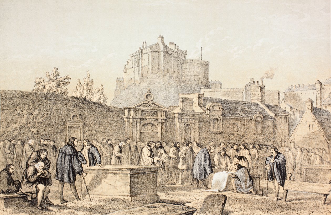 Assinando o Pacto em Greyfriars Churchyard, Edimburgo em 1638, de "The Scots Worthies de acordo com a Segunda Edição de Howie, 1781", de John Howie (1735-93) publicado em 1879 de English School