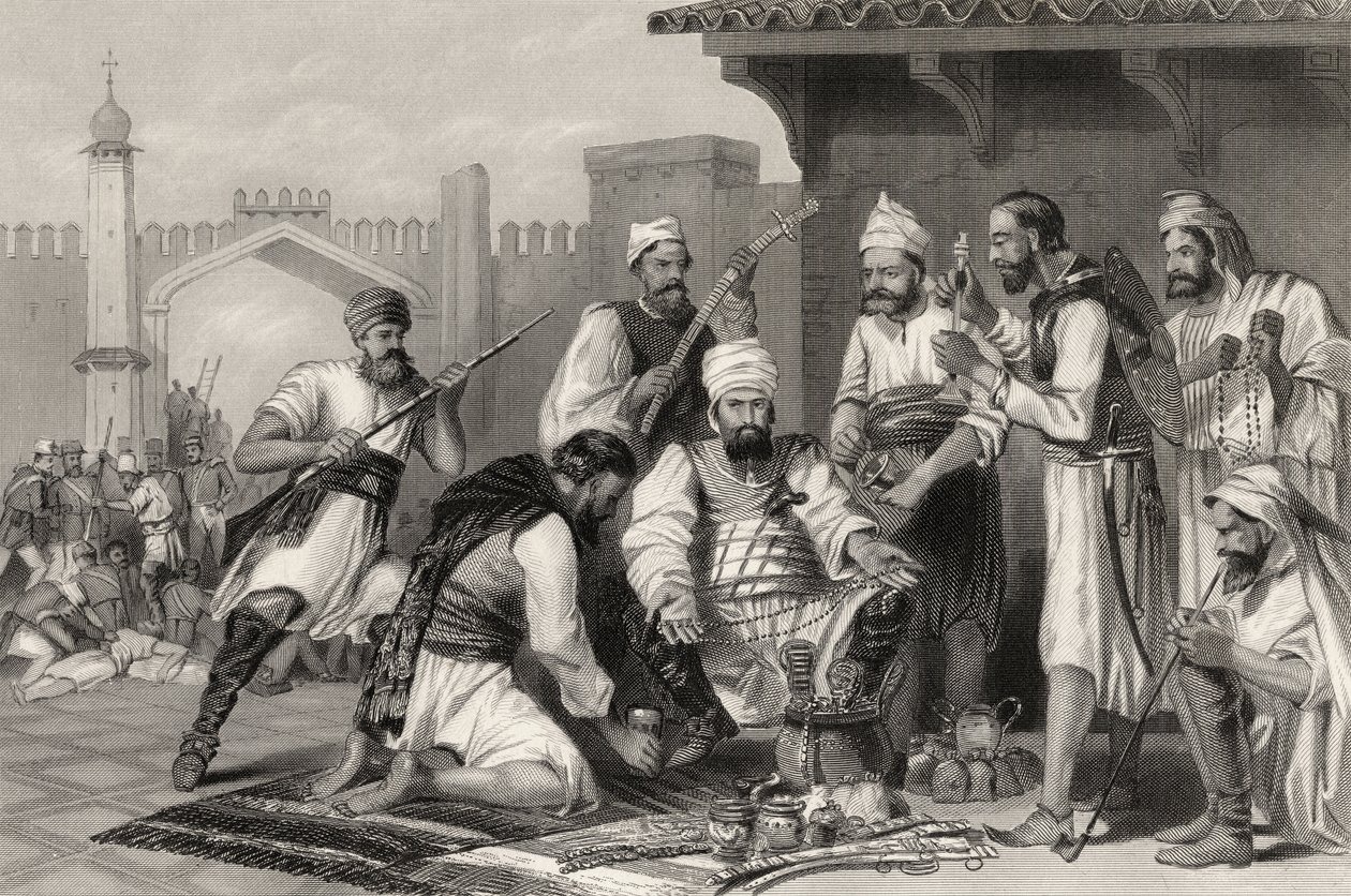 Tropas sikhs dividindo o espólio retirado dos amotinados, de "A História do Motim Indiano", publicado em 1858 de English School