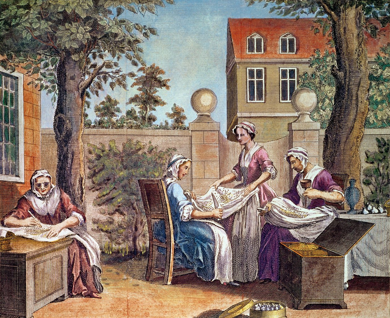 Fabricação de seda, gravada por J. Hinton para &39;Universal Magazine&39; no Kings Arms, St. Paul&39;s Churchyard, Londres, 1748 (impressão) de English School