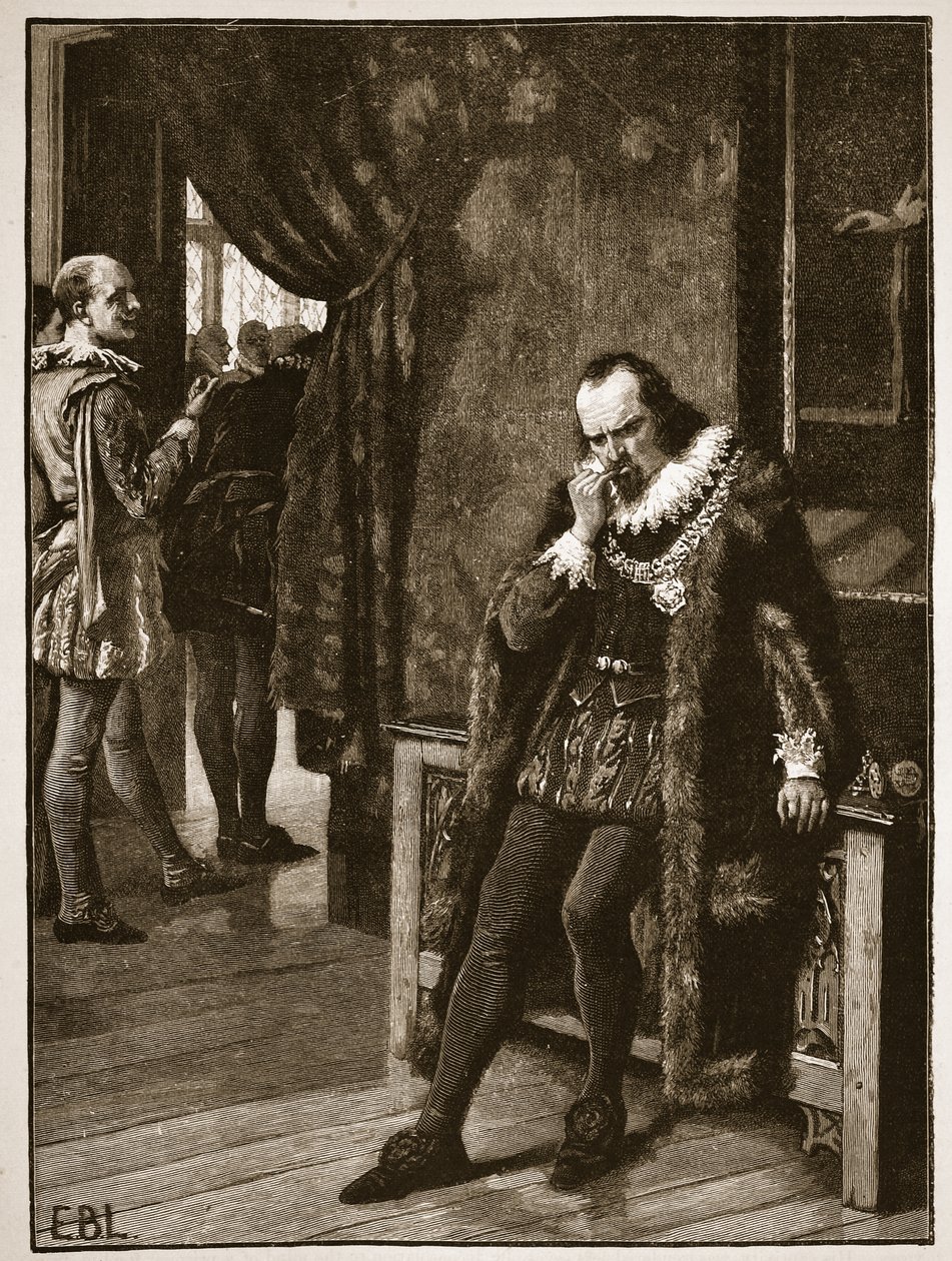 Sir Francis Bacon à espera de uma audiência de Buckingham, ilustração da história ilustrada de Cassells da Inglaterra (foto sépia) de English School