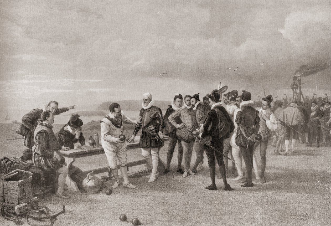 Sir Francis Drake jogando bowls, com a Armada espanhola à vista em Plymouth Hoe, Inglaterra, em 1588. de English School