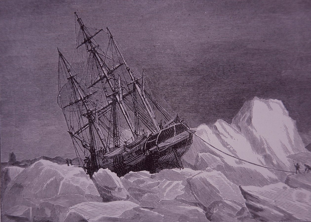 Sir John Franklin, expedição de 1845 para encontrar o Northwest Passage, navio Terror preso no gelo, final do século XIX (gravura) de English School