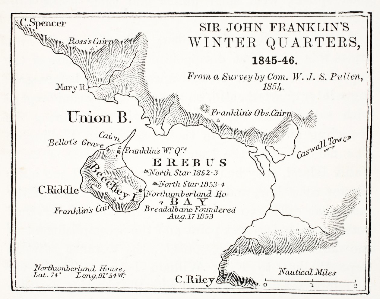 Sir John Franklins Winter Quarters, 1845-1846 de uma pesquisa da Com. WJS Pullen 1854, pub. 1854 de English School
