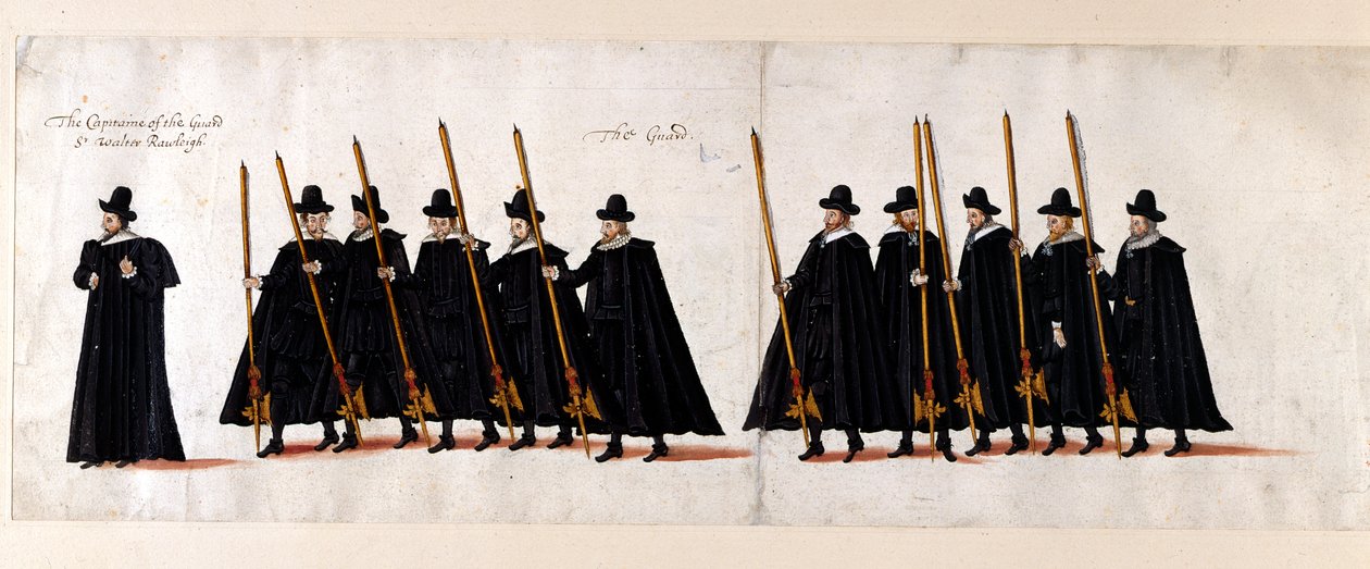 Sir Walter Raleigh, Capitão da Guarda e da Guarda. Parte do cortejo fúnebre da rainha Elizabeth I para a Abadia de Westminster, 28 de abril de 1603. de English School