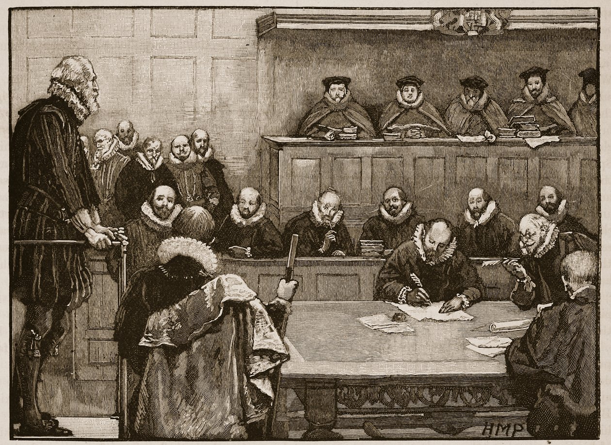 Sir Walter Raleigh perante os juízes, ilustração da história ilustrada de Cassells da Inglaterra (foto sépia) de English School