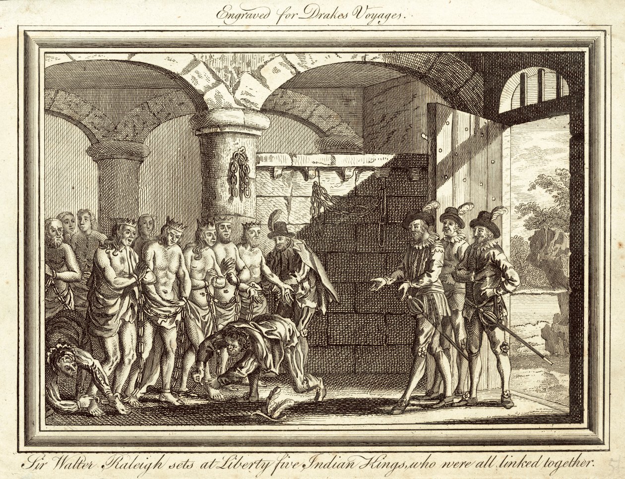 Sir Walter Raleigh liberta cinco reis indianos, que estavam todos ligados entre si (gravura) de English School