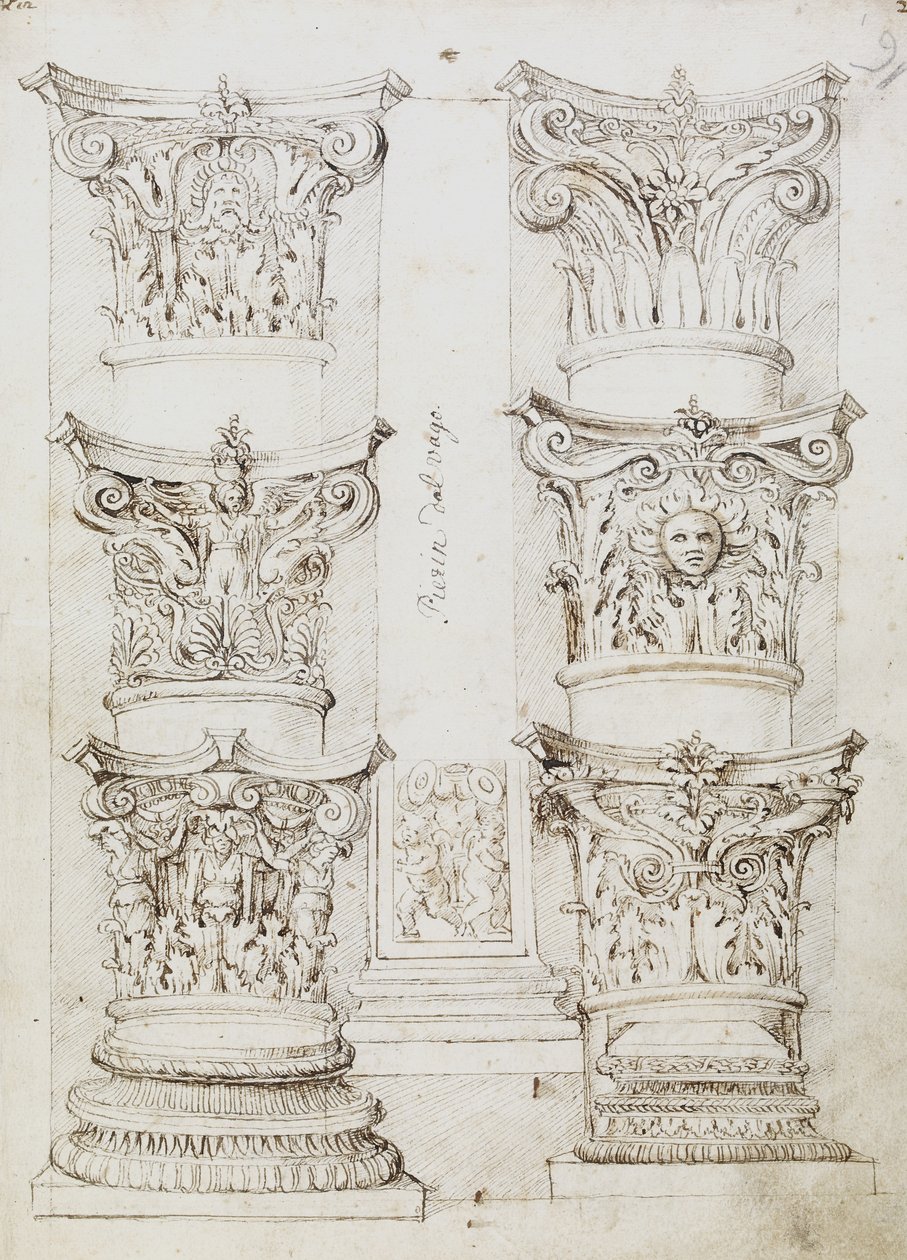 Six Capitals, a Lesene and Two Column Bases, Folio 1, The Master of the Oxford Album, c.1512-17 (caneta e tinta marrom escura) de English School