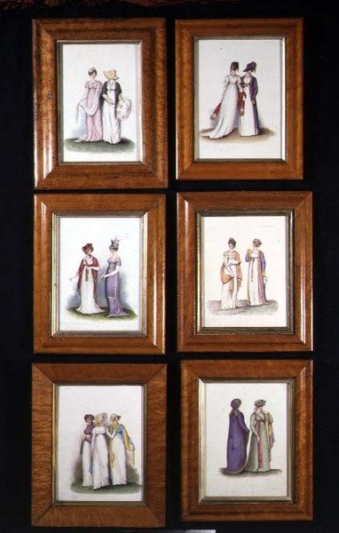 Seis miniaturas representando a moda feminina do final do século 18 e início do século 19, c.1825 (aquarela sobre papel) de English School