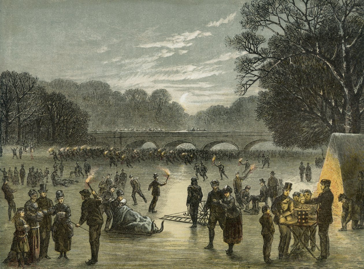 Patinagem em Hyde Park, Londres, c.1850 (corte de madeira de claro-escuro em preto e três cores) de English School