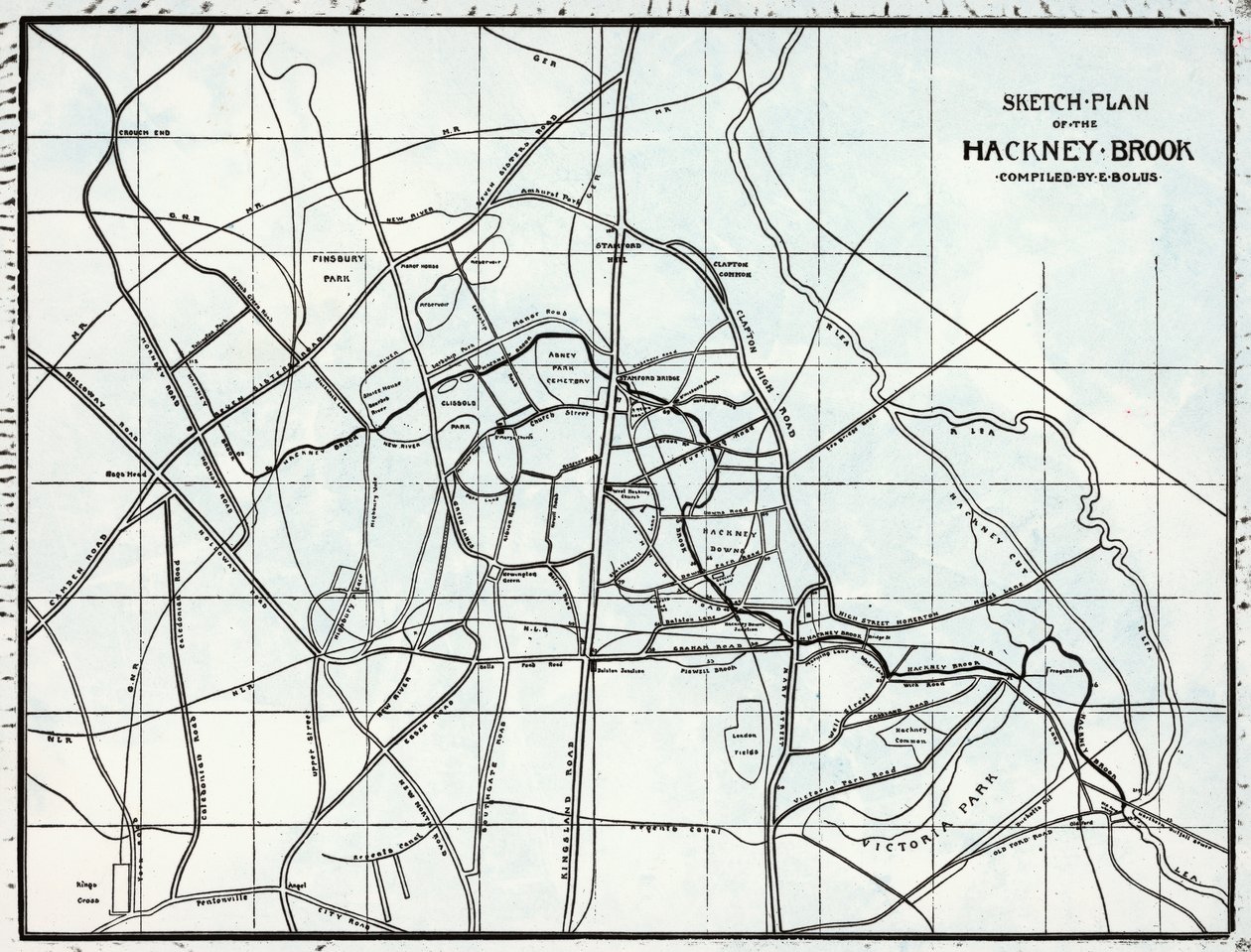Plano de esboço do Hackney Brook, compilado por E. Bolus de English School