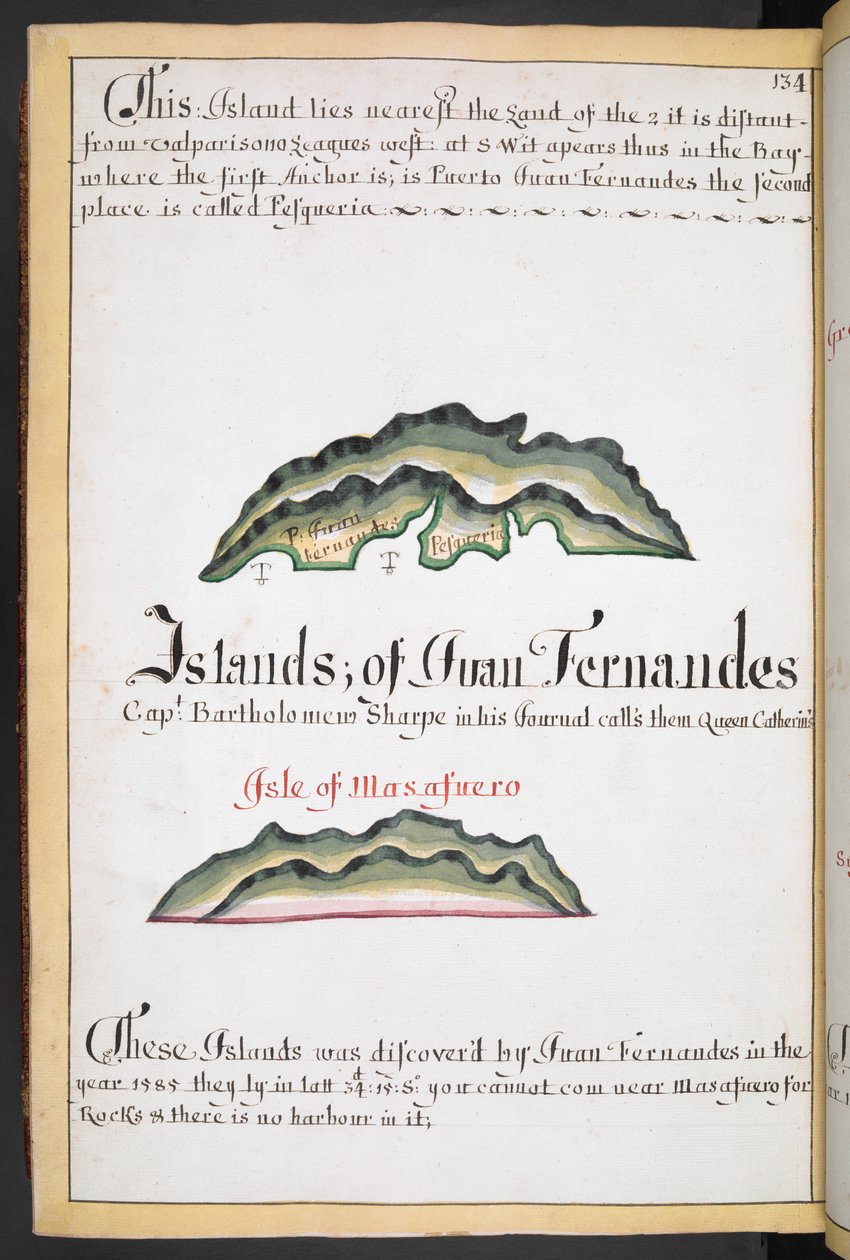 Sloane MS 44, f.269v, Mapa de Juan Fernández em South Sea Wagoner de William Hack de English School