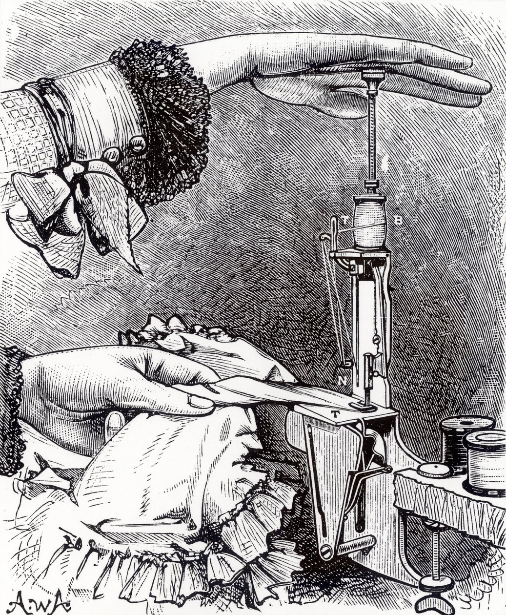 Máquina de costura de pequeno ponto fixo, oito polegadas de comprimento, pesando 8 onças, da Cassells Family Magazine, publicada em 1886 de English School