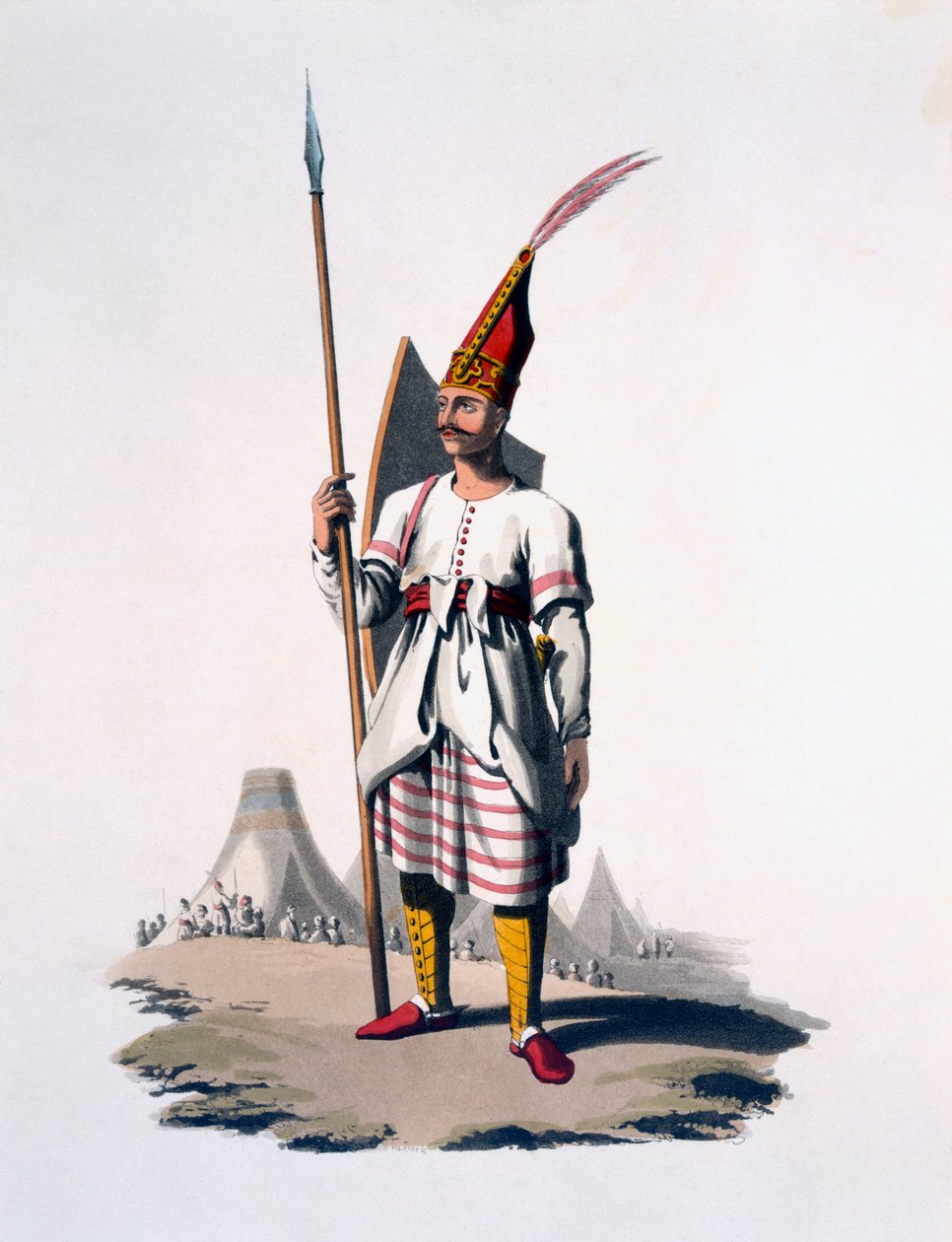 Soldado da Albânia, um soldado de infantaria do exército otomano, 1818 (aquatinta colorido) de English School