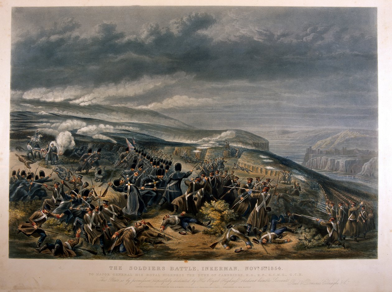Soldados na Batalha de Inkerman durante a Guerra da Crimeia, 5 de novembro de 1854, 1855 de English School