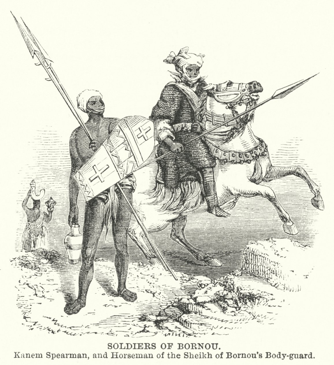 Soldados de Bornou, Lanceiro de Kanem e Cavaleiro da Guarda-costas do Xeque de Bornou (gravura) de English School