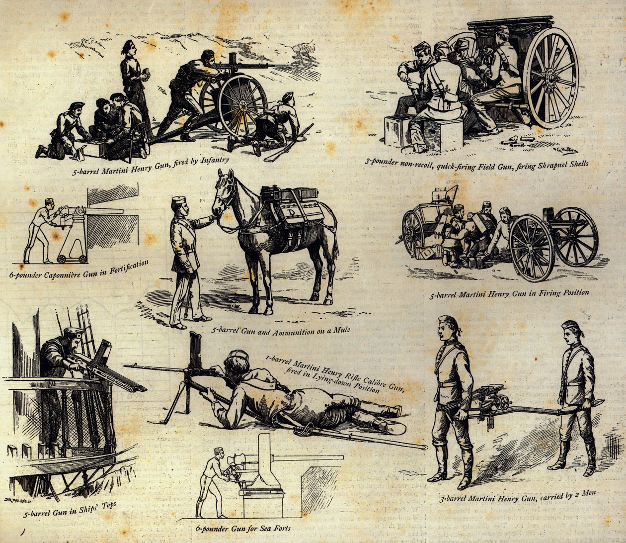Algumas variedades da arma Nordenfelt, como agora usado no Exército e na Marinha, de The Graphic, 10 de abril de 1886 de English School
