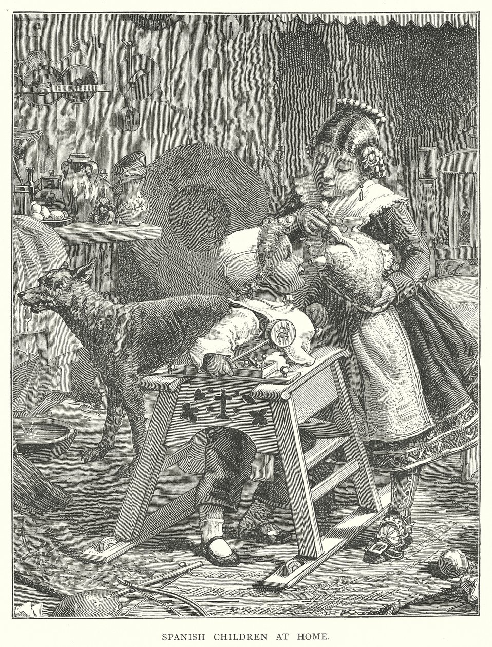 Crianças espanholas em casa (gravura) de English School