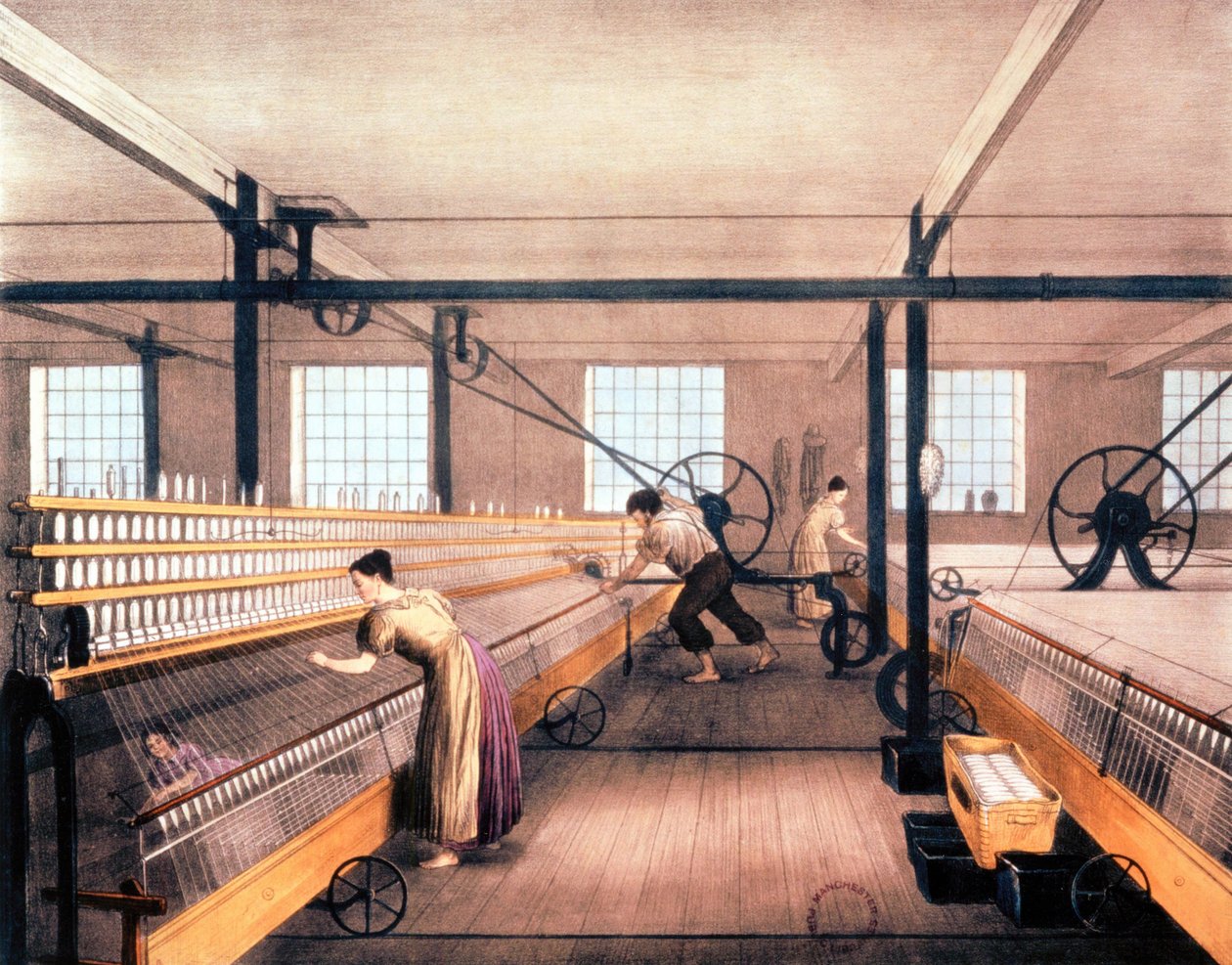 Mulas de fiação na fábrica de algodão, c.1935 (impressão) de English School
