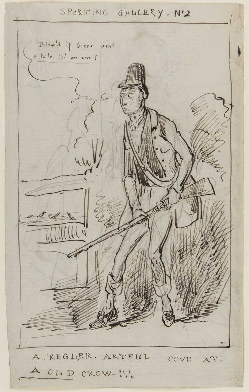 Sporting Gallery No.2, A Regler, Artful Cove at a Old Crow, c.1825 (caneta e tinta sobre papel) de English School