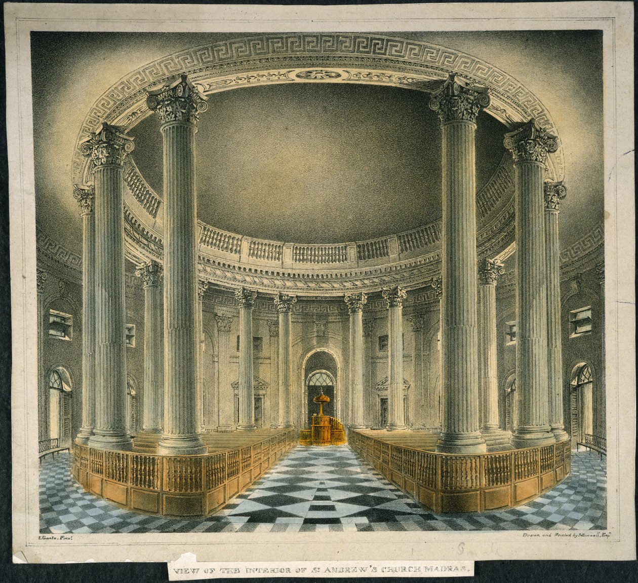 Igreja de St. Andrew, Madras, c.1825 (lito colorido) de English School