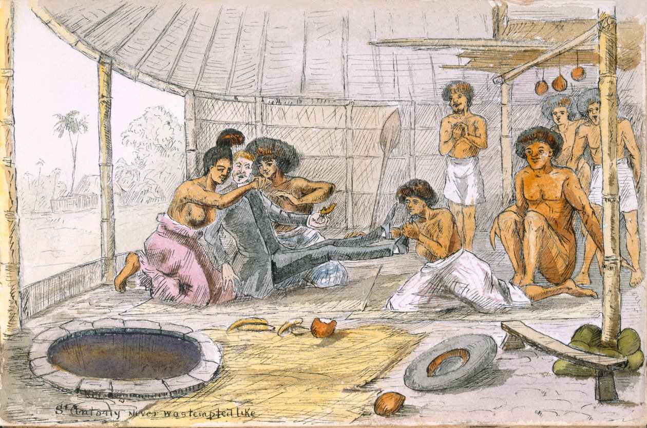 Santo Antônio nunca foi tentado como ..., da sua peregrinação de Revnd. Simples Coração, Aventuras de um ingênuo missionário nos Mares do Sul, c.1880 (caneta e wc no papel) de English School