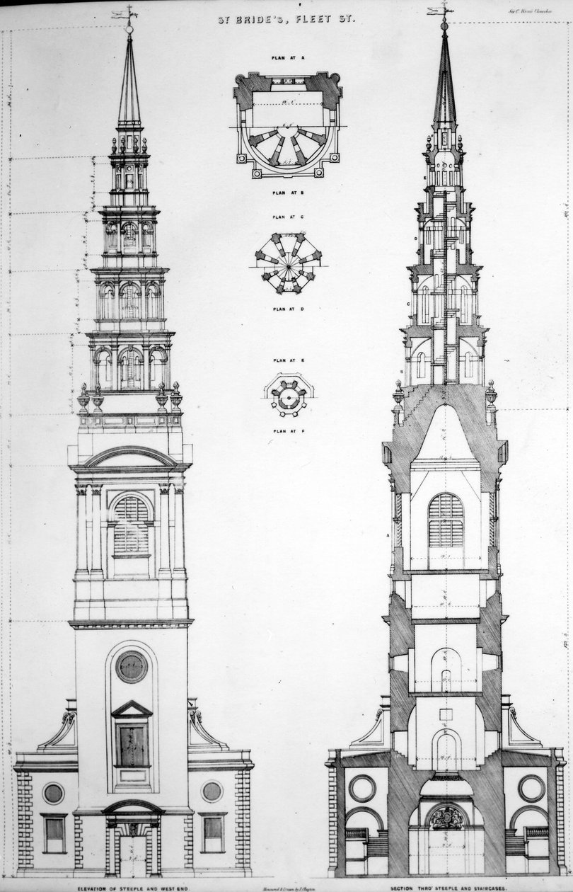 St. Brides, Fleet Street, elevação do West End, século XIX de English School