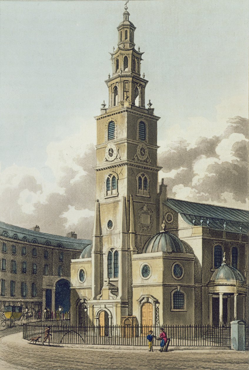 Igreja de St Clement dinamarqueses, pub. por Rudolph Ackermann (1764-1834) 1816 (aquatinta) de English School
