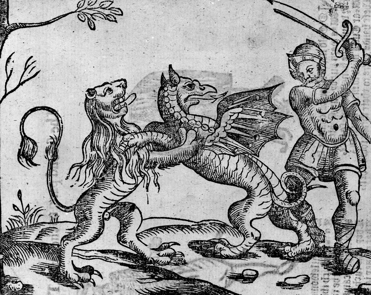 São Jorge e o Dragão, de &39;Um livro de baladas Roxburghe&39; (xilogravura) (foto bw) de English School
