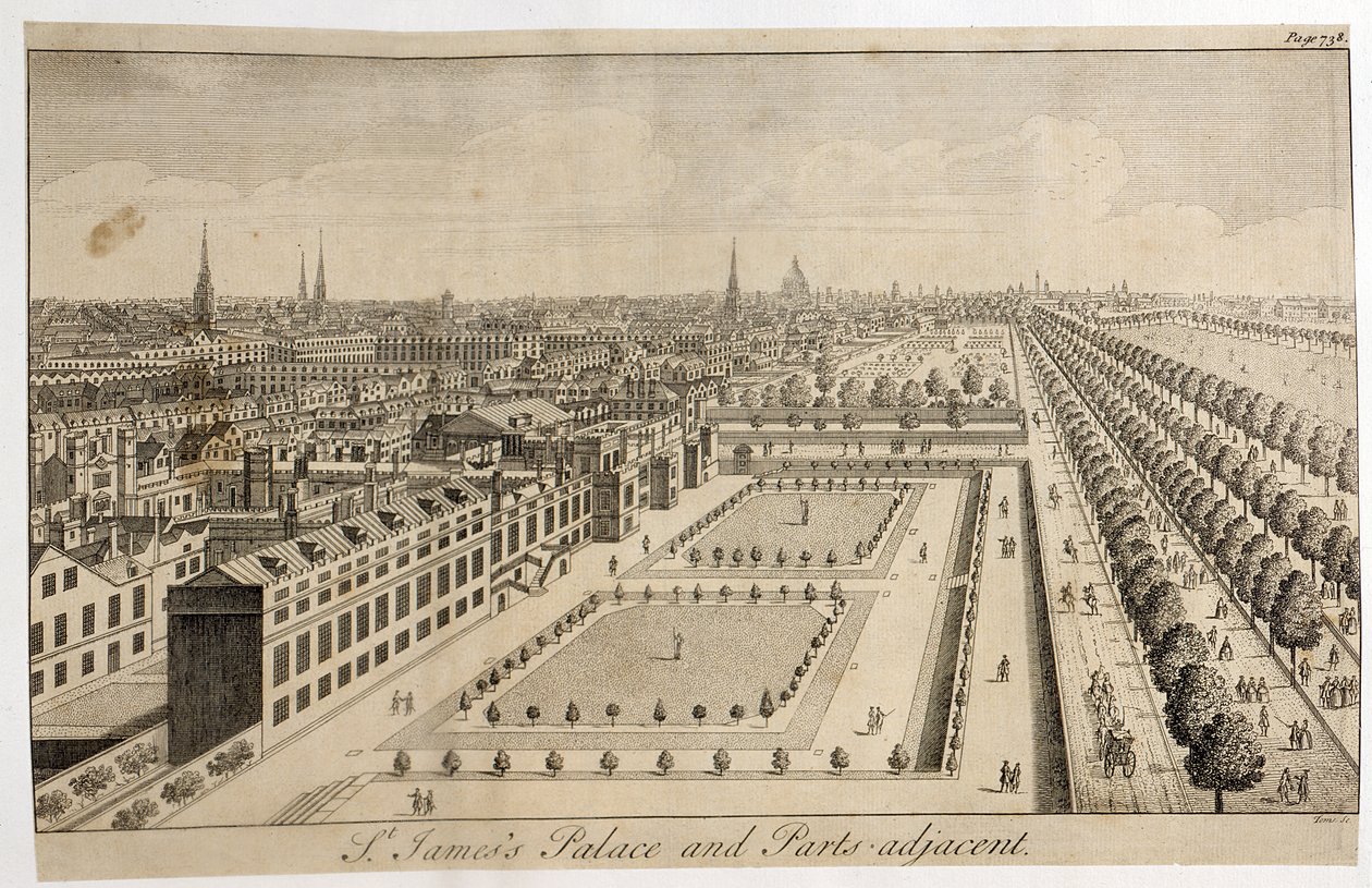 St. Jamess Palace e peças adjacentes, gravadas por William Henry Toms (c.1700-50) de English School