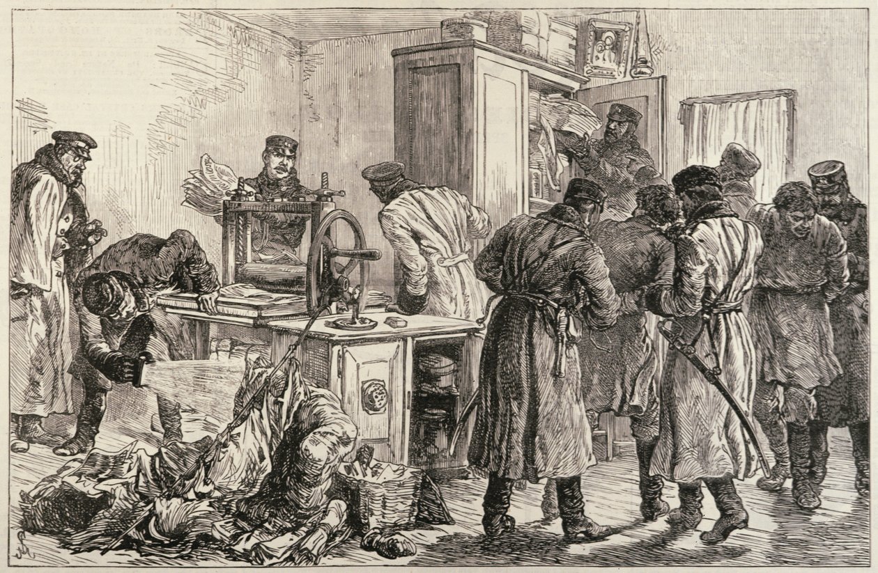 Polícia de São Petersburgo Descobrindo uma Imprensa Niilista, de &39;The Illustrated London News&39;, 16 de abril de 1887 de English School