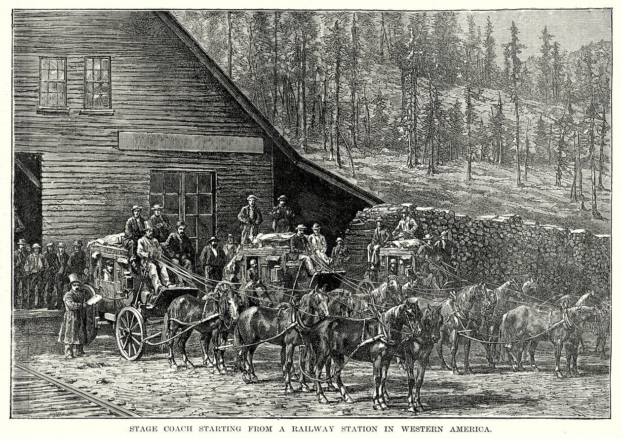 Carruagem de diligência a partir de uma estação de caminho de ferro na América Ocidental (gravura) de English School
