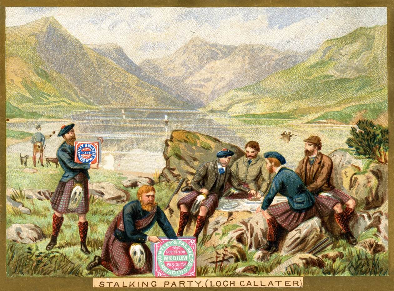 Stalking Party, Loch Callater, um cartão promocional para Huntley & Palmers Biscuits, c.1890 (cor litho de English School