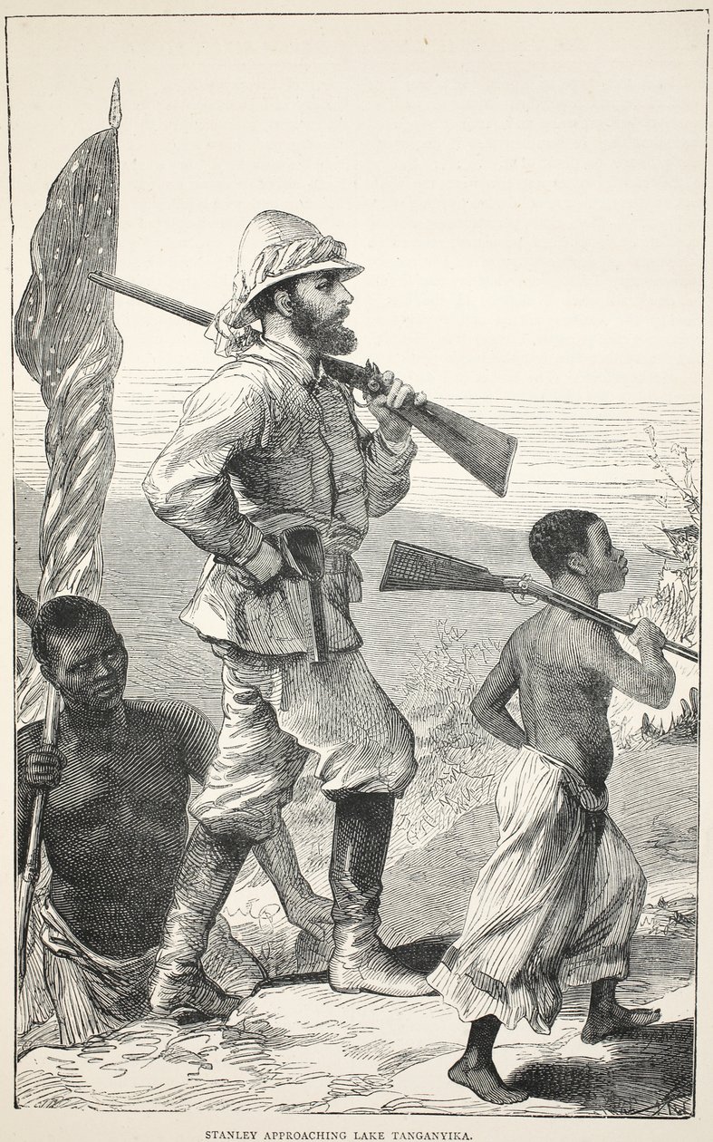 Stanley que aproxima o lago Tanganyika, ilustração da edição pictórica da vida e das descobertas de David Livingstone por J. Ewing Richie, bar. por A. Fullarton & Co., 1876 de English School