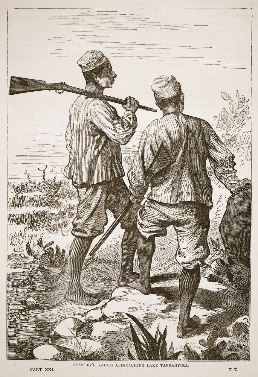 Guias de Stanleys que aproximam o lago Tanganyika, ilustração da edição pictórica da vida e das descobertas de David Livingstone por J. Ewing Richie, bar. por A. Fullarton & Co., 1876 de English School