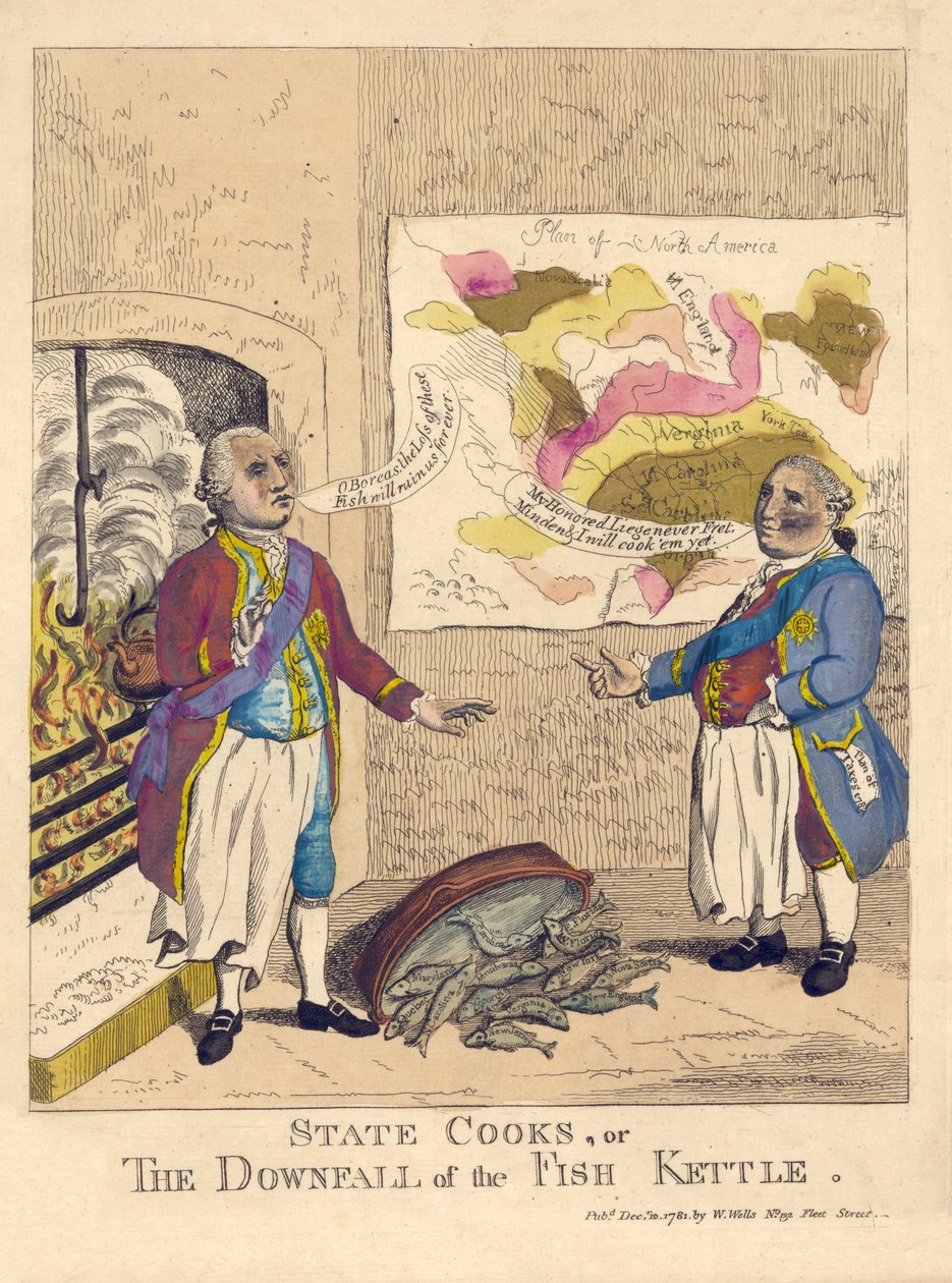 State Cooks, ou "The Downfall of the Fish Kettle", pub. 1781 (gravura colorida à mão) de English School