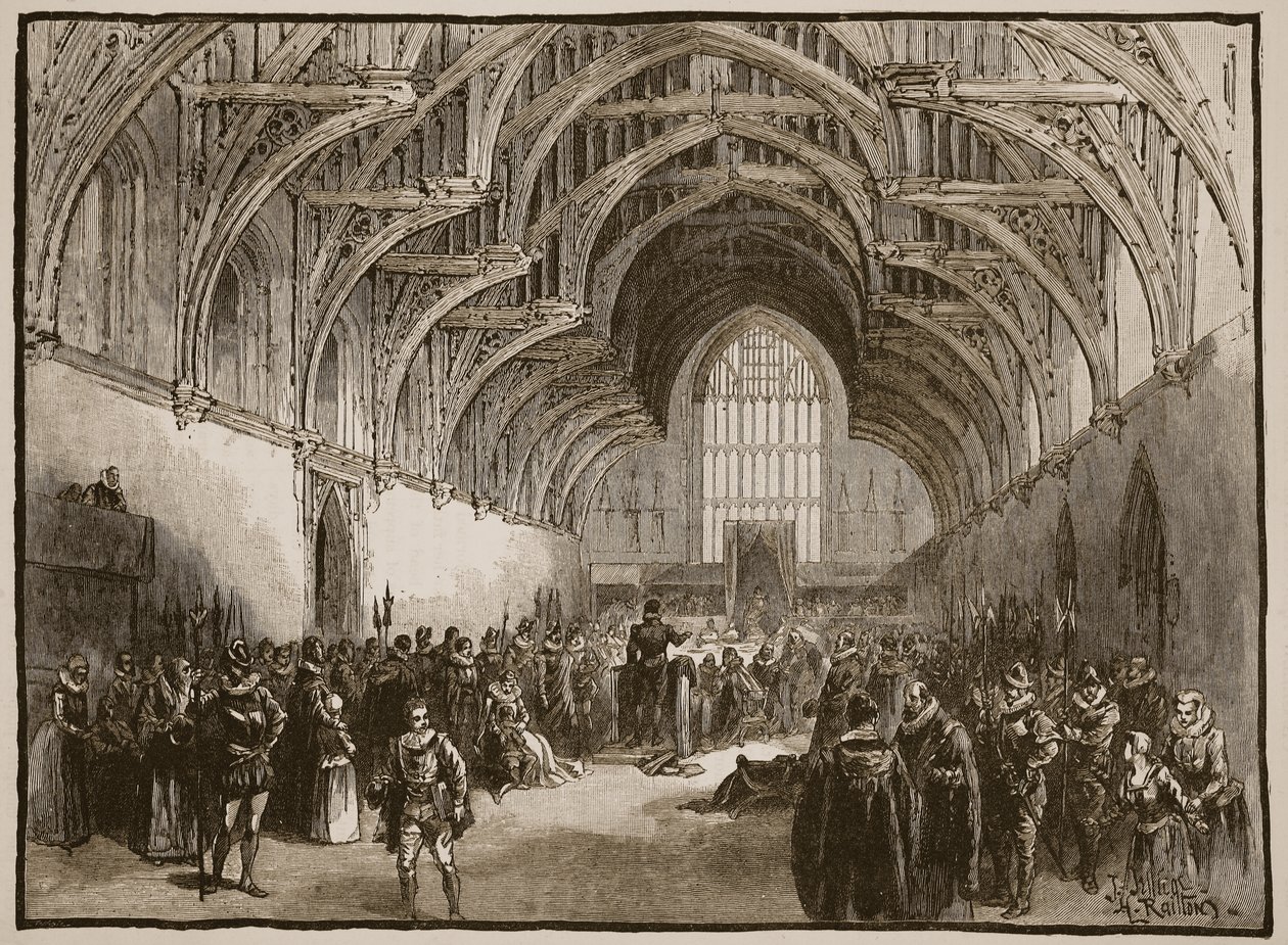Julgamento do estado em Westminster Hall no tempo de Elizabeth, ilustração de História ilustrada de Cassells de Inglaterra de English School