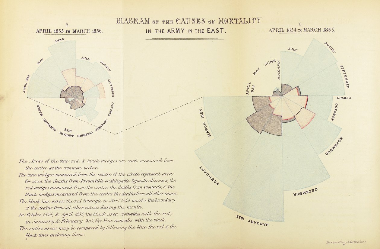 Gráfico estatístico inventado por Florence Nightingale para mostrar a predominância da doença como causa de mortalidade no exército britânico durante a Guerra da Crimeia, abril de 1854 a março de 1855 e abril de 1855 até Ma de English School