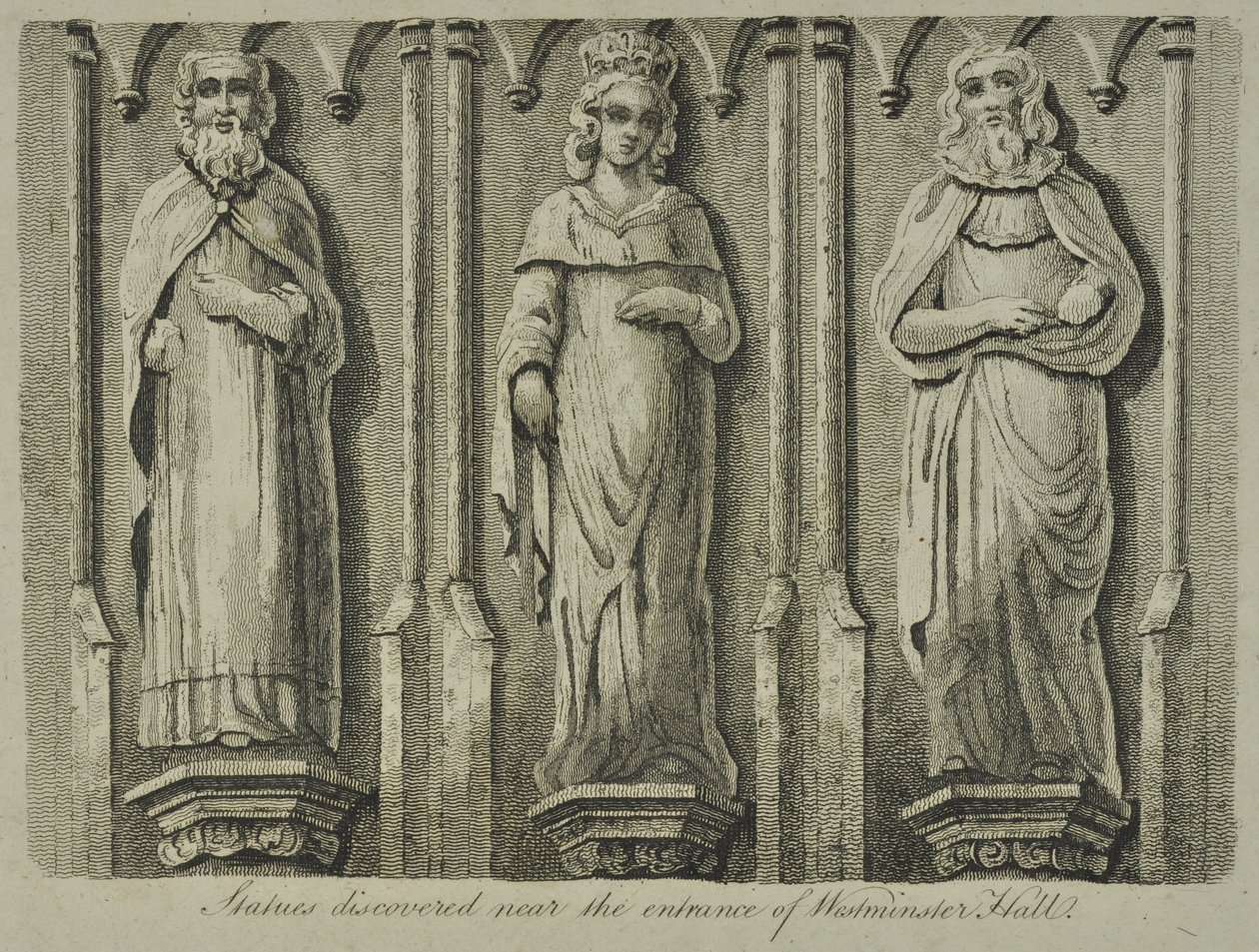 Estátuas descobertas perto da entrada do Westminster Hall, 1807 de English School