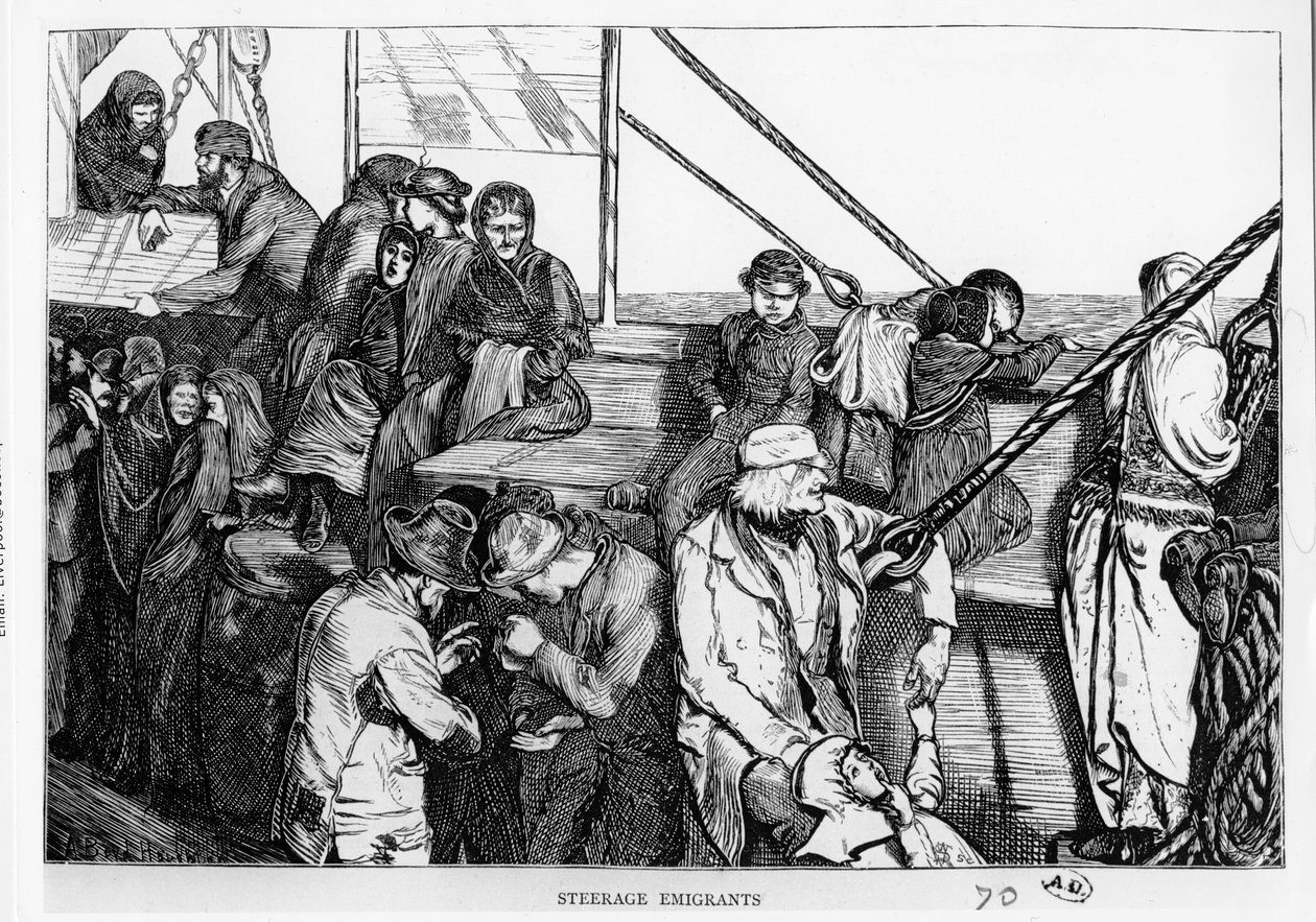Steerage Emigrantes no convés de um navio de passageiros da Europa para o Novo Mundo, c.1870 de English School