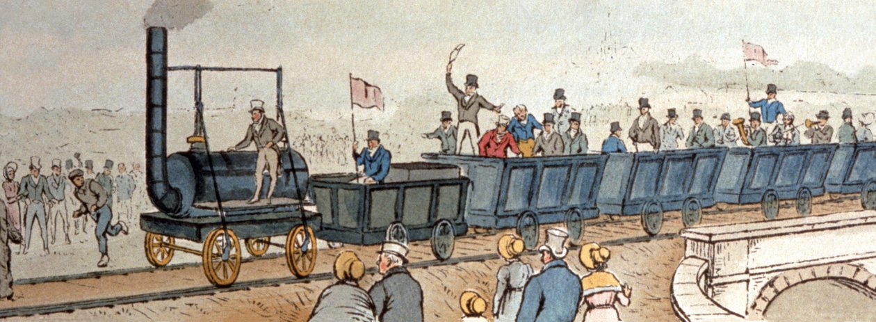 Ferrovia Stockton-Darlington. cerca de 1830 (gravura) de English School