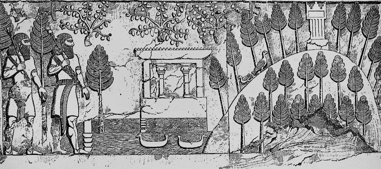 Baixo-relevo de pedra de um templo e colina artificial no parque de Sargão II em Khorsabad, c.715 aC de English School