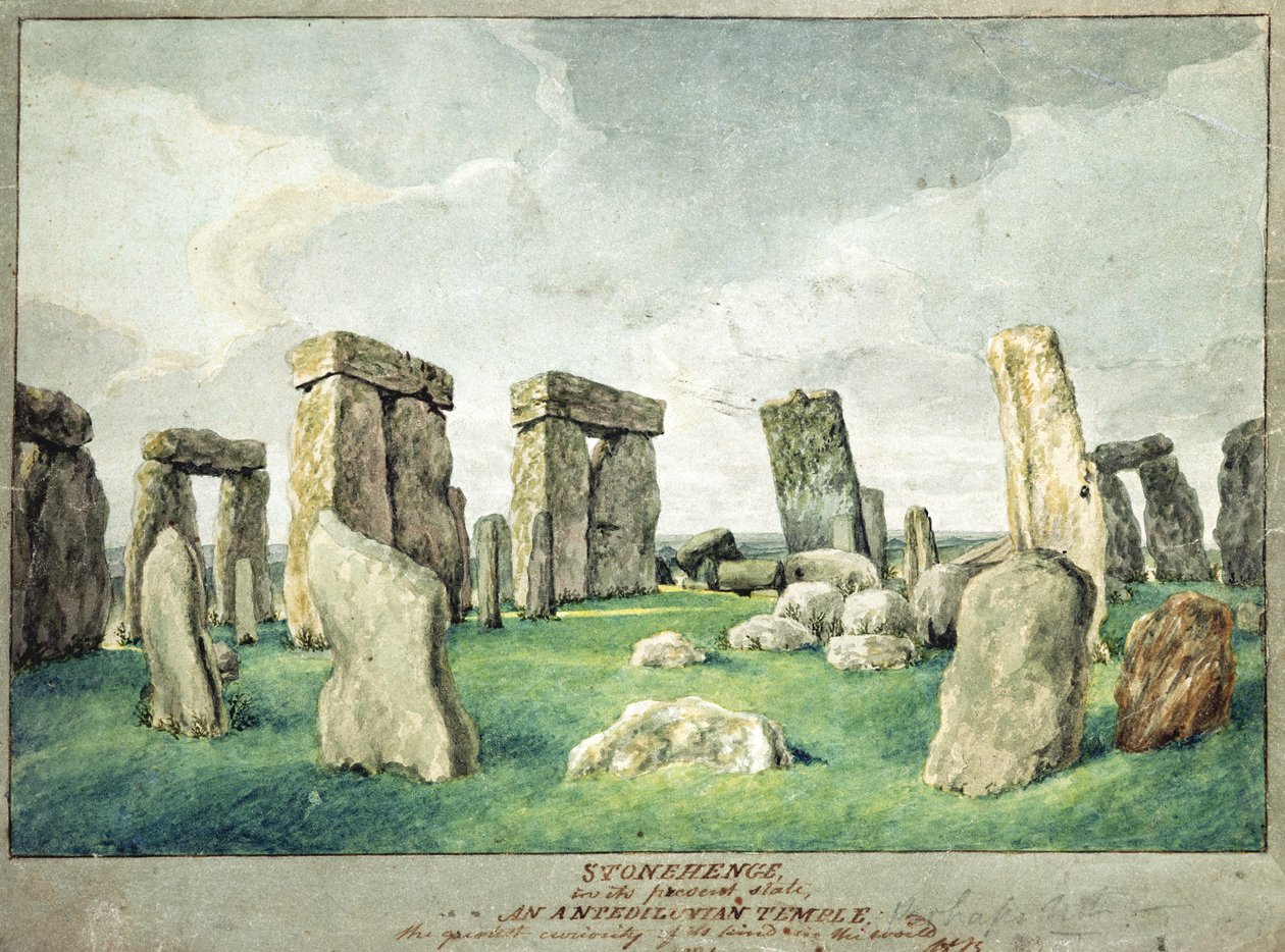 Stonehenge em seu estado atual, um templo Anpedilunian, 1821 (wc no papel) de English School